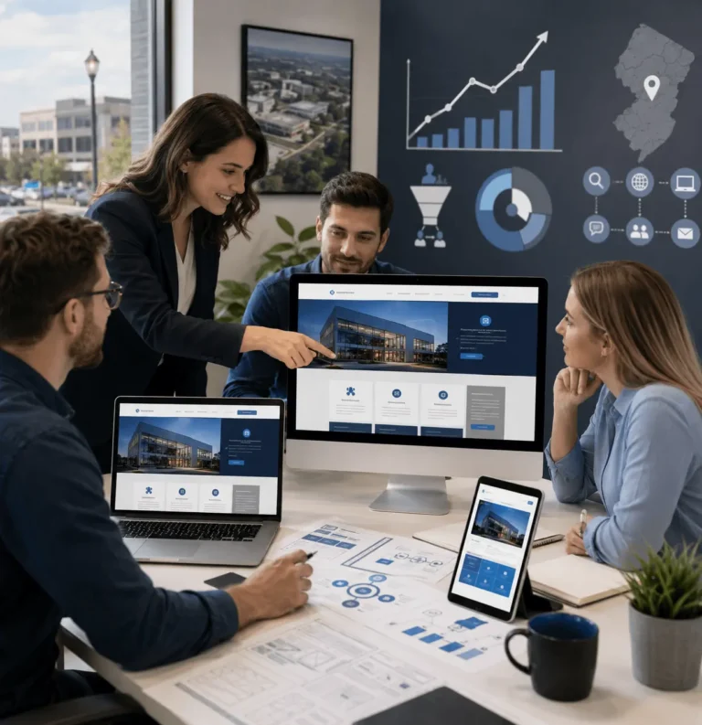A business team reviews real estate analytics on computers, with charts on a wall screen and plans spread across the table, conveying collaboration and growth.