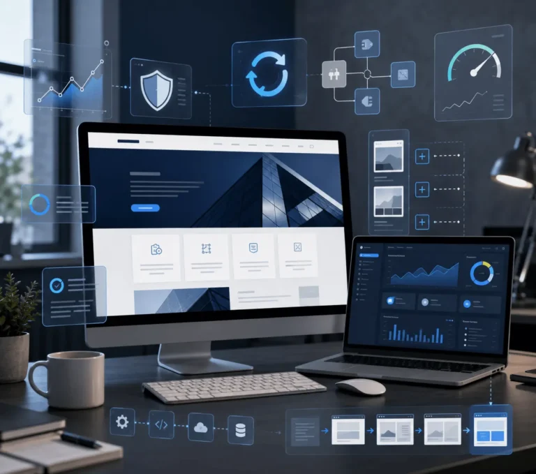 A modern office desk with a desktop monitor and laptop displaying web design and analytics dashboards.